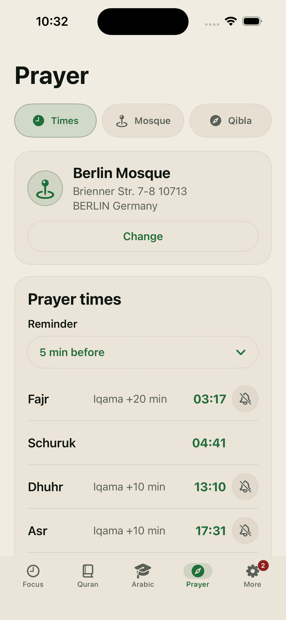 Sabr prayer times with a selected mosque on iPhone